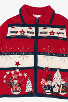 Vintage Red White And Blue Sarah Bentley Snowmen Ugly Christmas Cardigan (1990s)