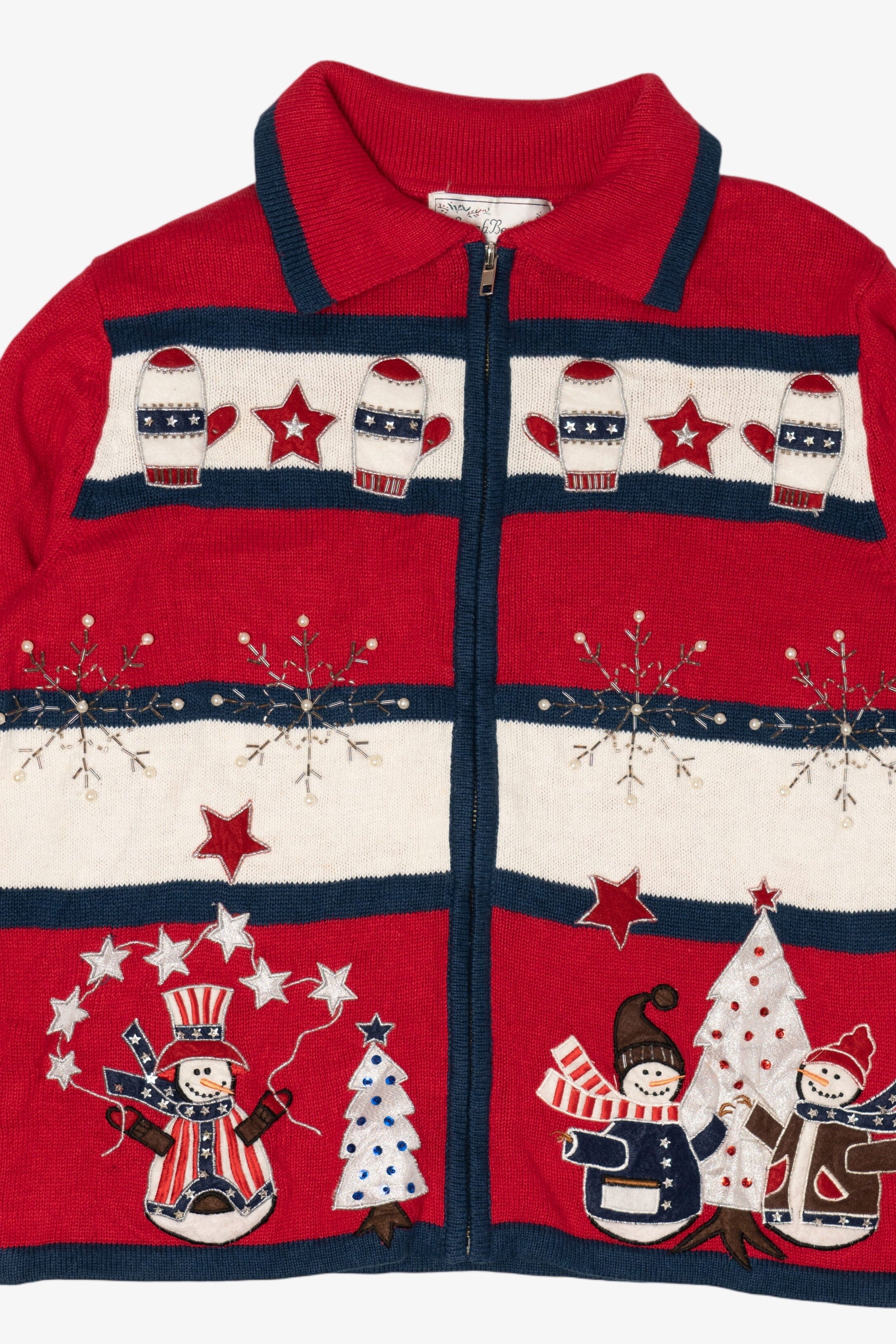 Vintage Red White And Blue Sarah Bentley Snowmen Ugly Christmas Cardigan (1990s)
