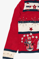 Vintage Red White And Blue Sarah Bentley Snowmen Ugly Christmas Cardigan (1990s)