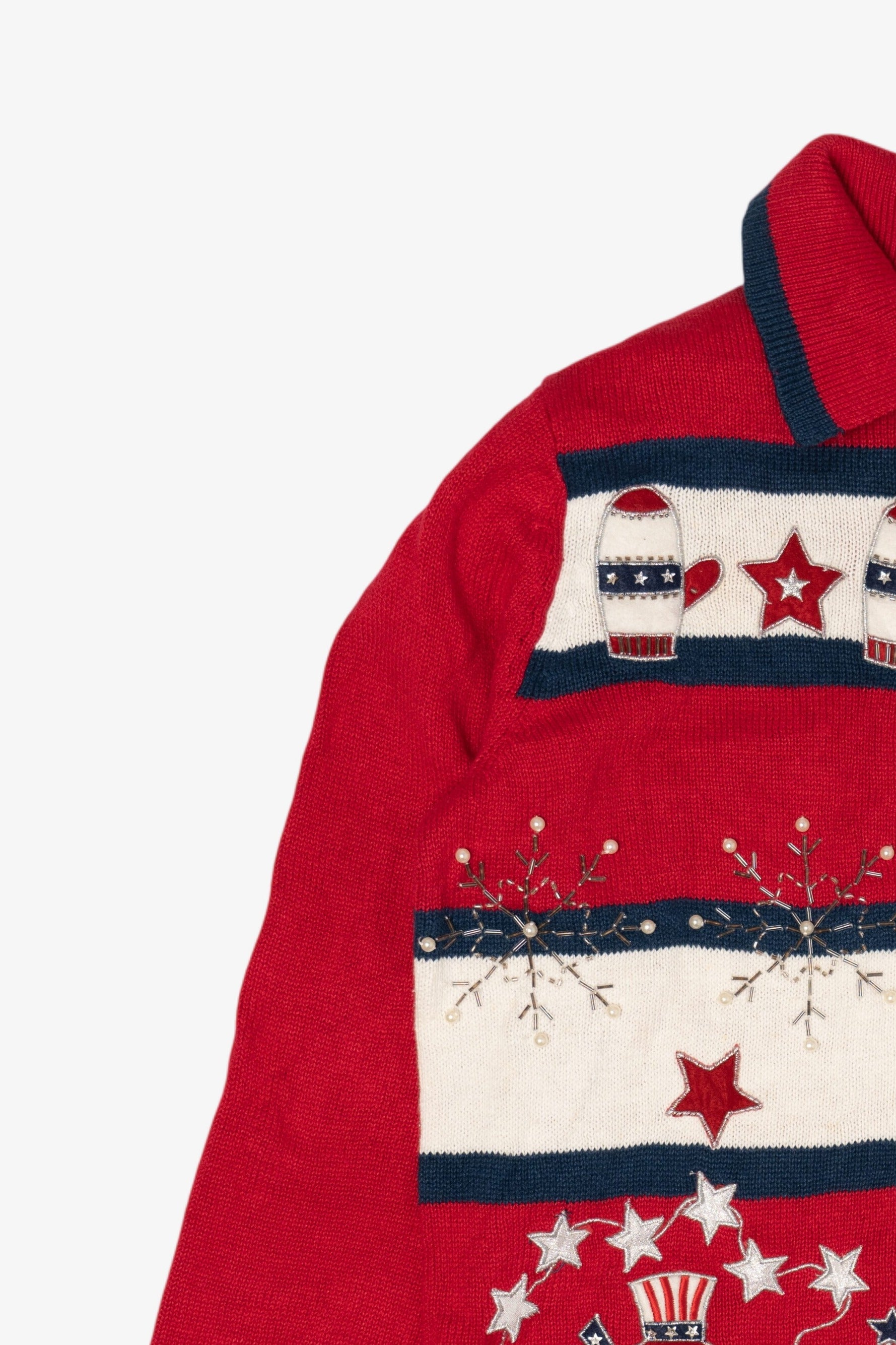 Vintage Red White And Blue Sarah Bentley Snowmen Ugly Christmas Cardigan (1990s)