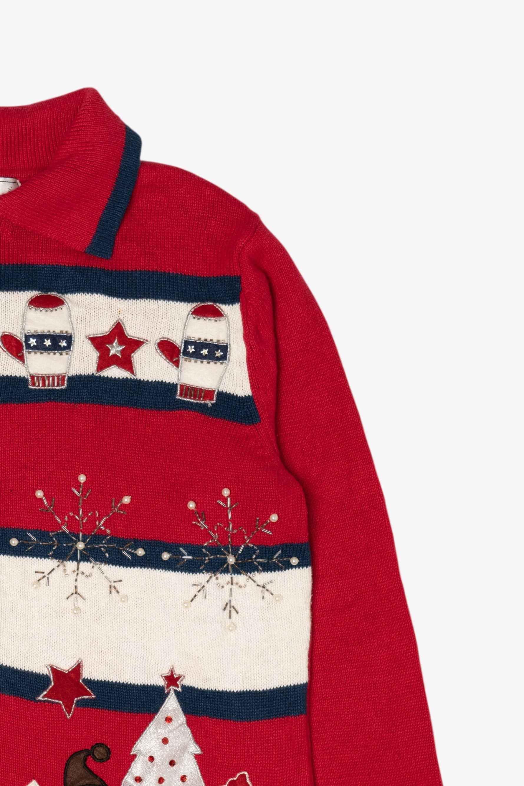 Vintage Red White And Blue Sarah Bentley Snowmen Ugly Christmas Cardigan (1990s)