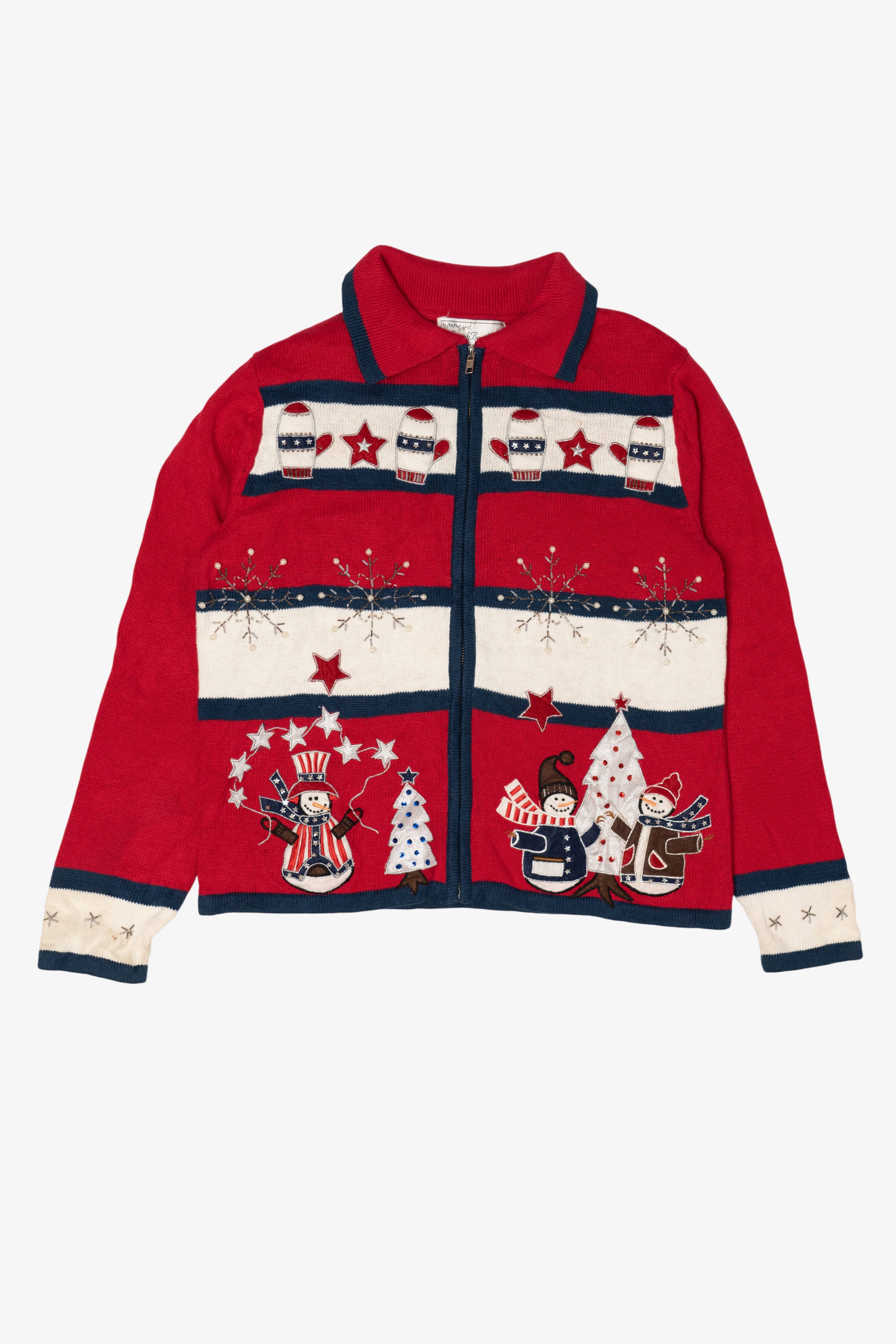 Vintage Red White And Blue Sarah Bentley Snowmen Ugly Christmas Cardigan (1990s)