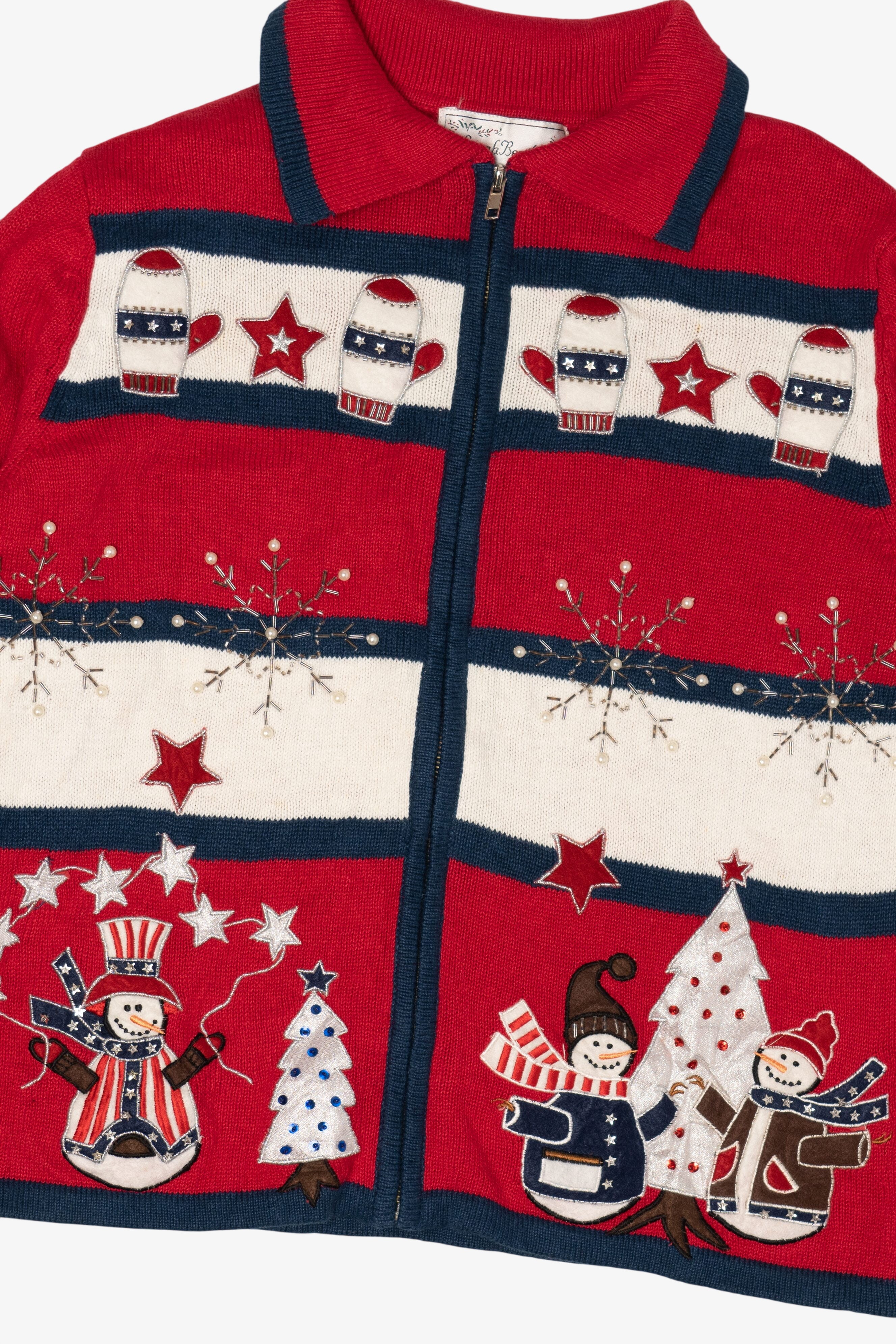 Vintage Red White And Blue Sarah Bentley Snowmen Ugly Christmas Cardigan (1990s)
