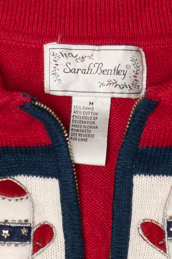 Vintage Red White And Blue Sarah Bentley Snowmen Ugly Christmas Cardigan (1990s)