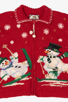 Vintage Red Tiara Snowmen Skiing Ugly Christmas Cardigan (1990s)
