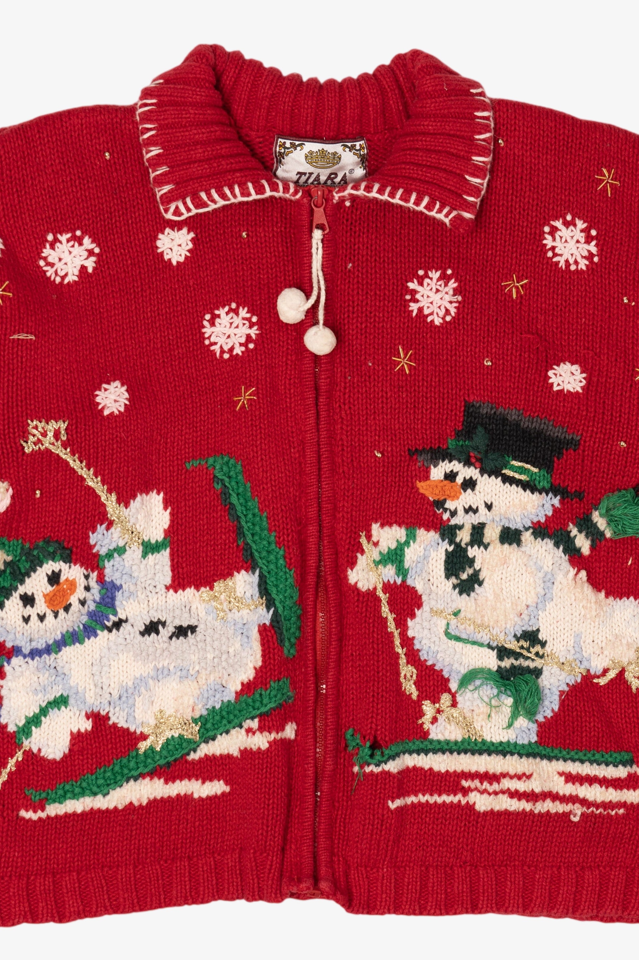 Vintage Red Tiara Snowmen Skiing Ugly Christmas Cardigan (1990s)