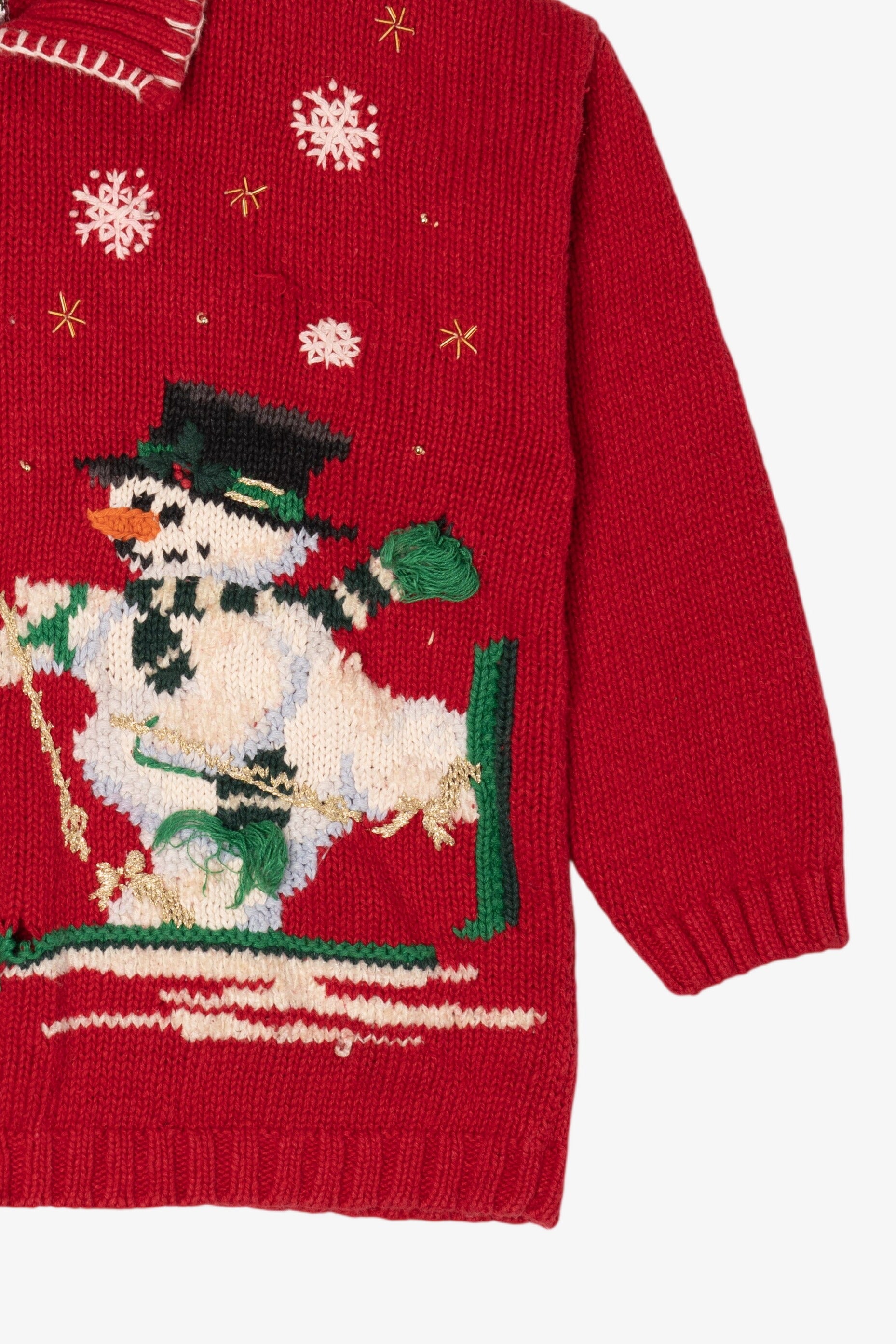 Vintage Red Tiara Snowmen Skiing Ugly Christmas Cardigan (1990s)