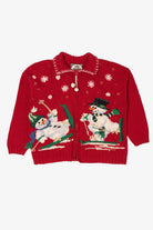 Vintage Red Tiara Snowmen Skiing Ugly Christmas Cardigan (1990s)