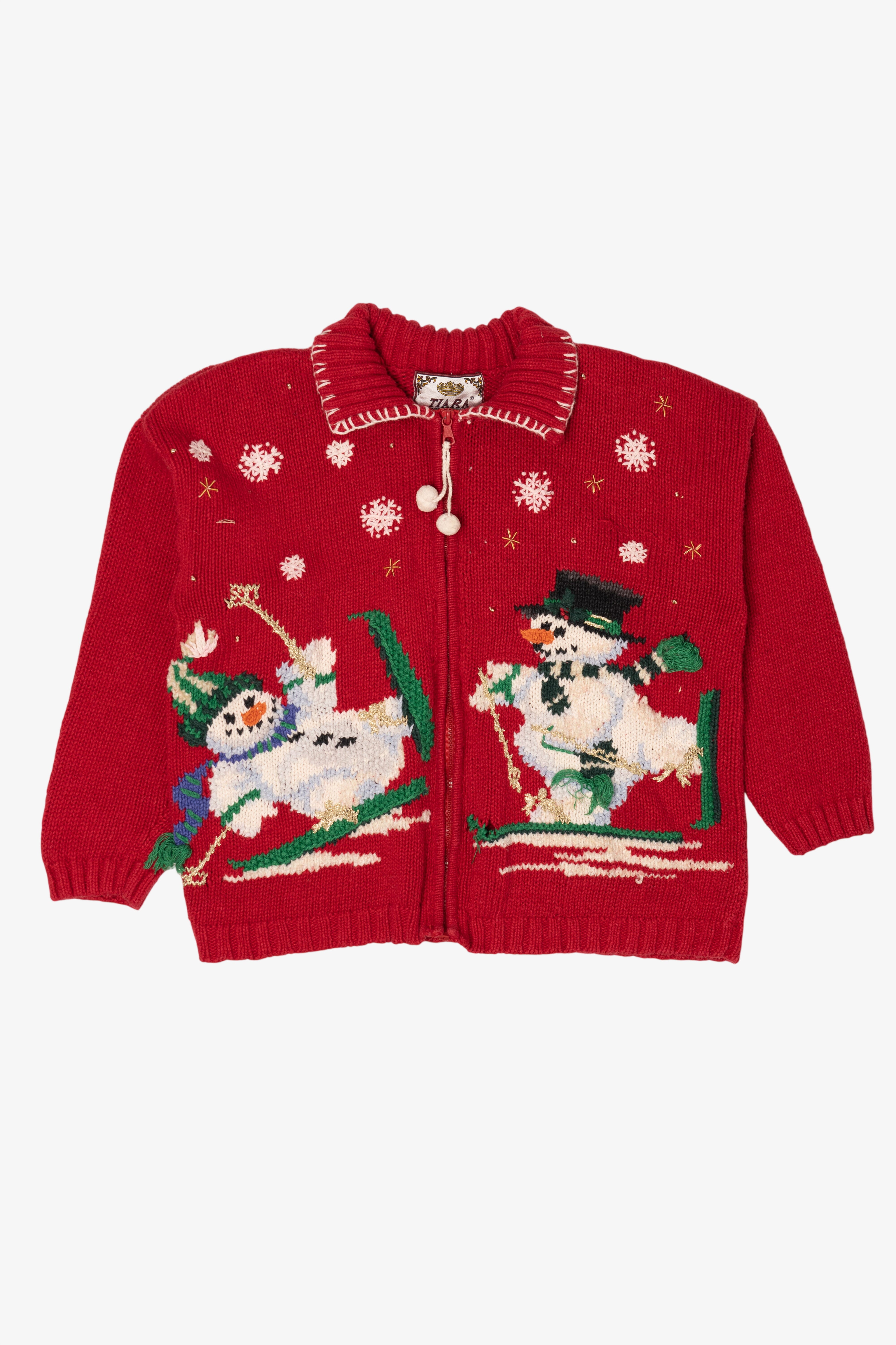 Vintage Red Tiara Snowmen Skiing Ugly Christmas Cardigan (1990s)