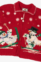 Vintage Red Tiara Snowmen Skiing Ugly Christmas Cardigan (1990s)