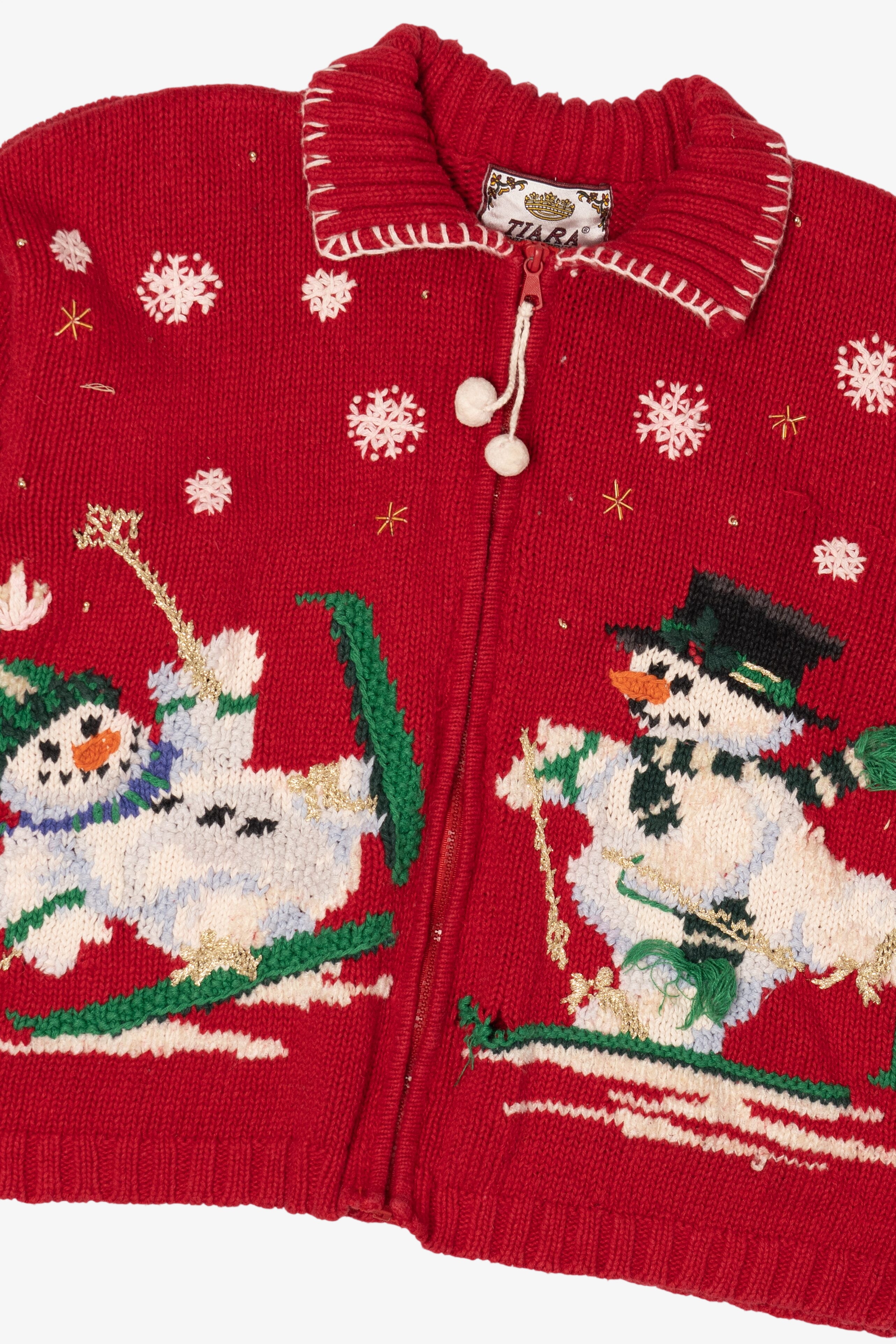 Vintage Red Tiara Snowmen Skiing Ugly Christmas Cardigan (1990s)