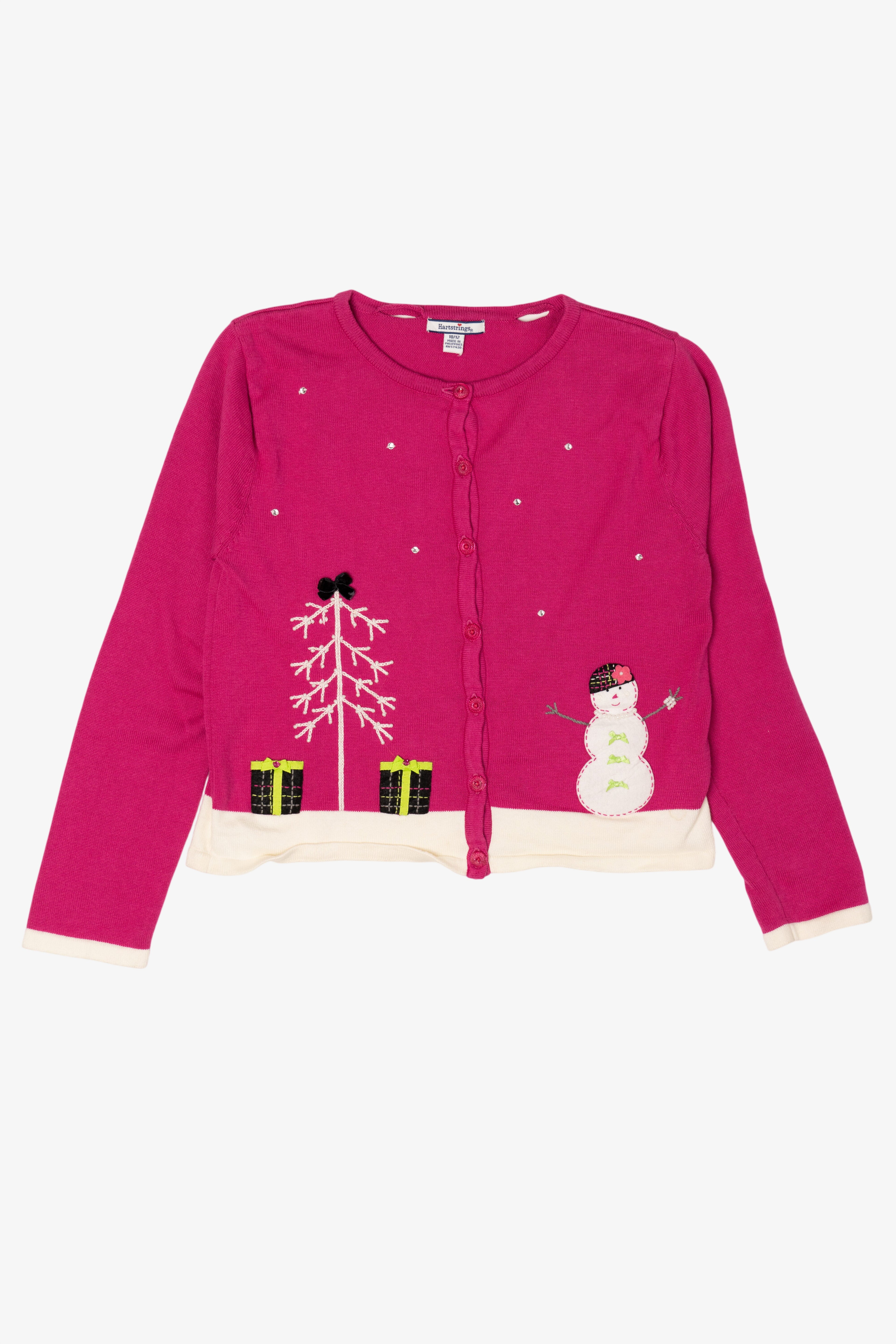 Kids Vintage Magenta Hartstrings Snowmen Ugly Christmas Cardigan (2000s)