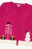 Kids Vintage Magenta Hartstrings Snowmen Ugly Christmas Cardigan (2000s)