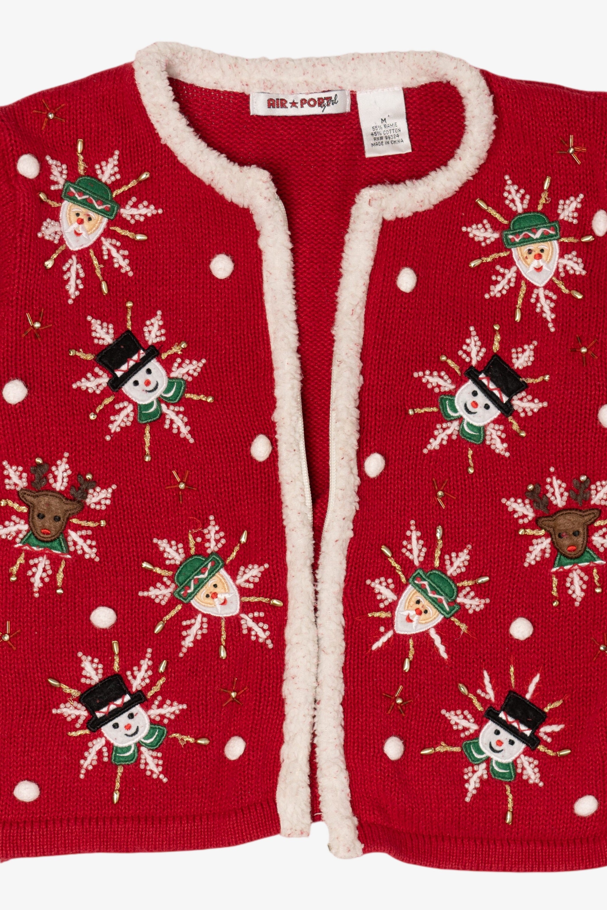 Kids Vintage Red Air Port Snowmen Ugly Christmas Cardigan (2000s)