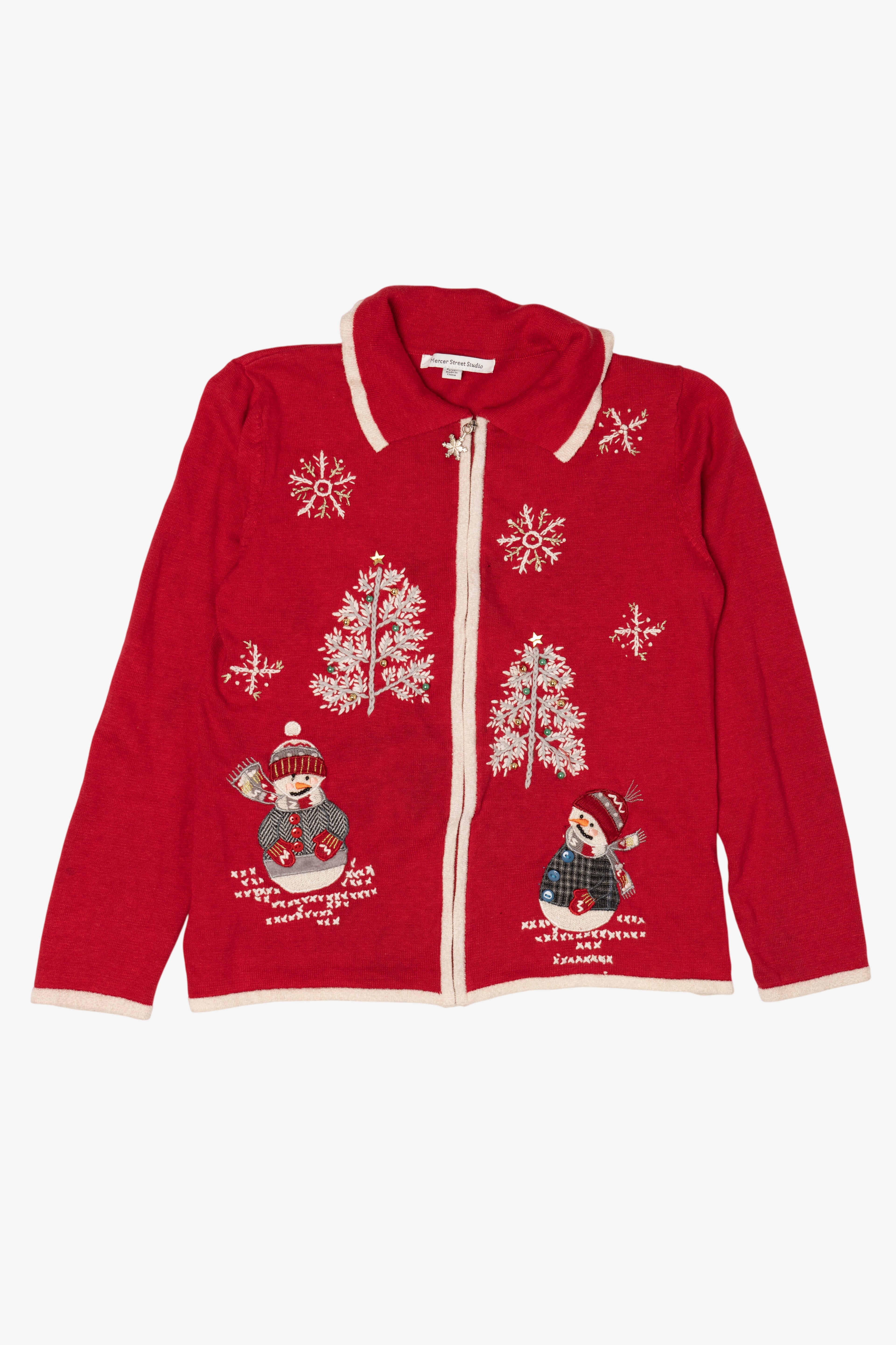Vintage Red Mercer Street Station Snowmen Ugly Christmas Cardigan (2000s)