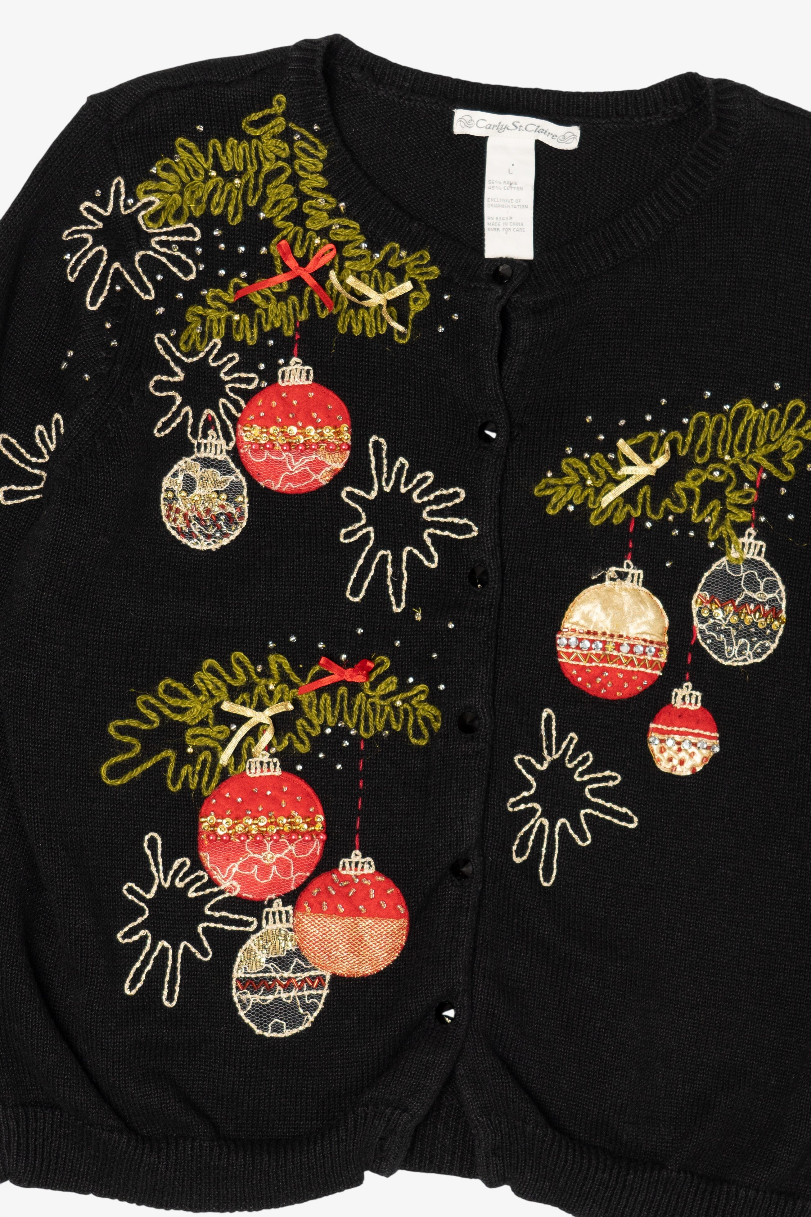 Vintage Black Carly St. Claire Ornaments Ugly Christmas Cardigan (1990s)