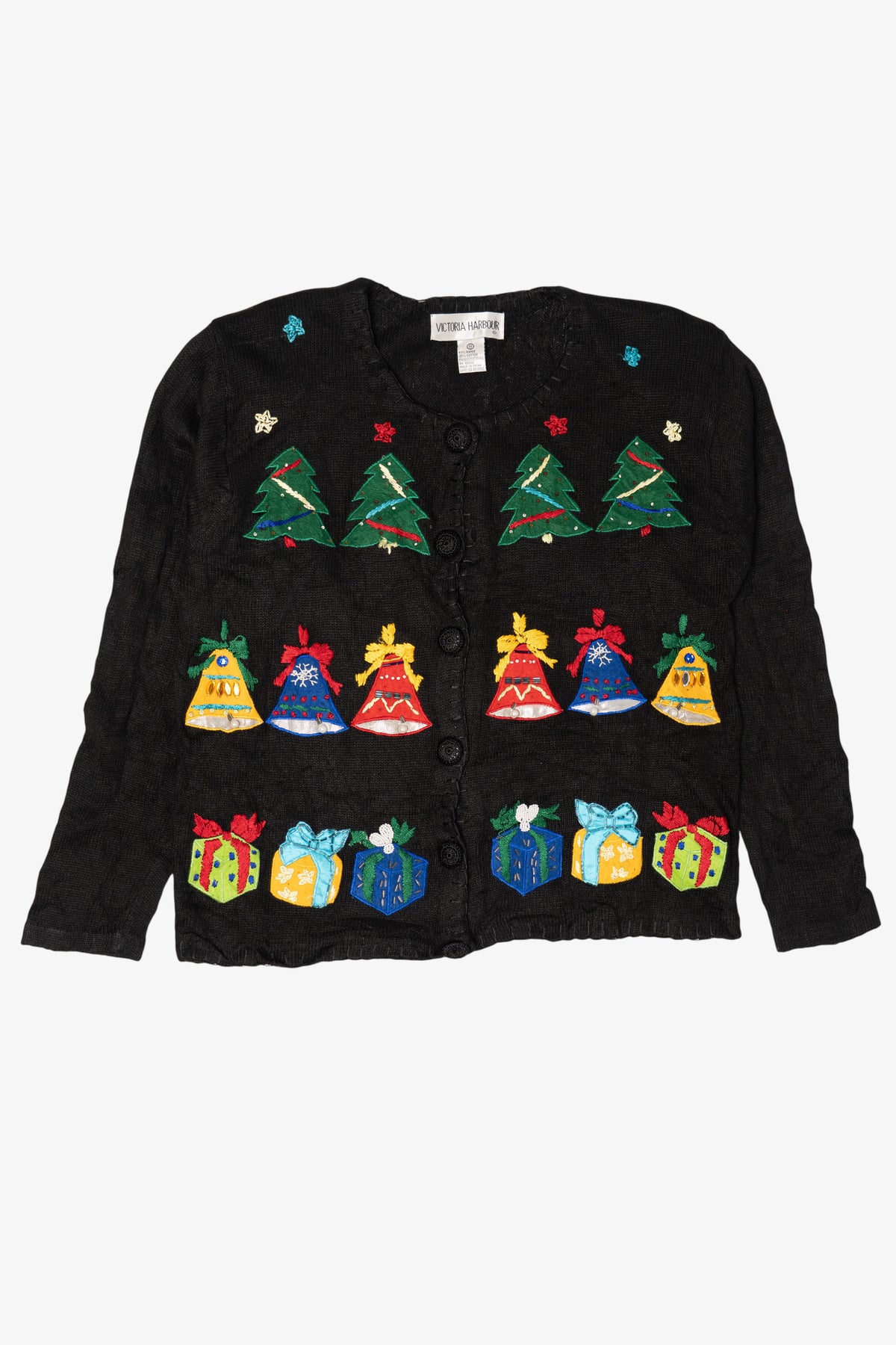Vintage Black Victoria Harbour Bells Ugly Christmas Cardigan (1990s)