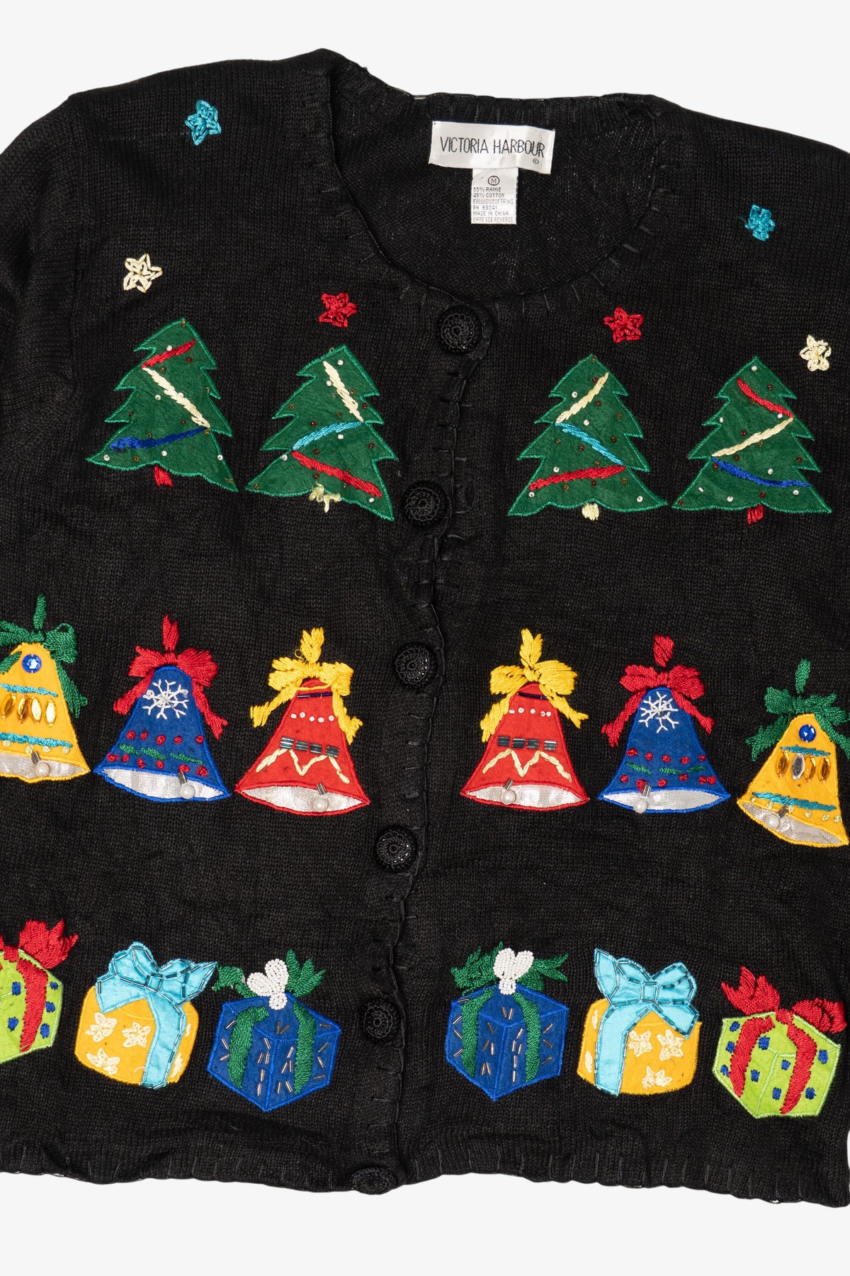 Vintage Black Victoria Harbour Bells Ugly Christmas Cardigan (1990s)
