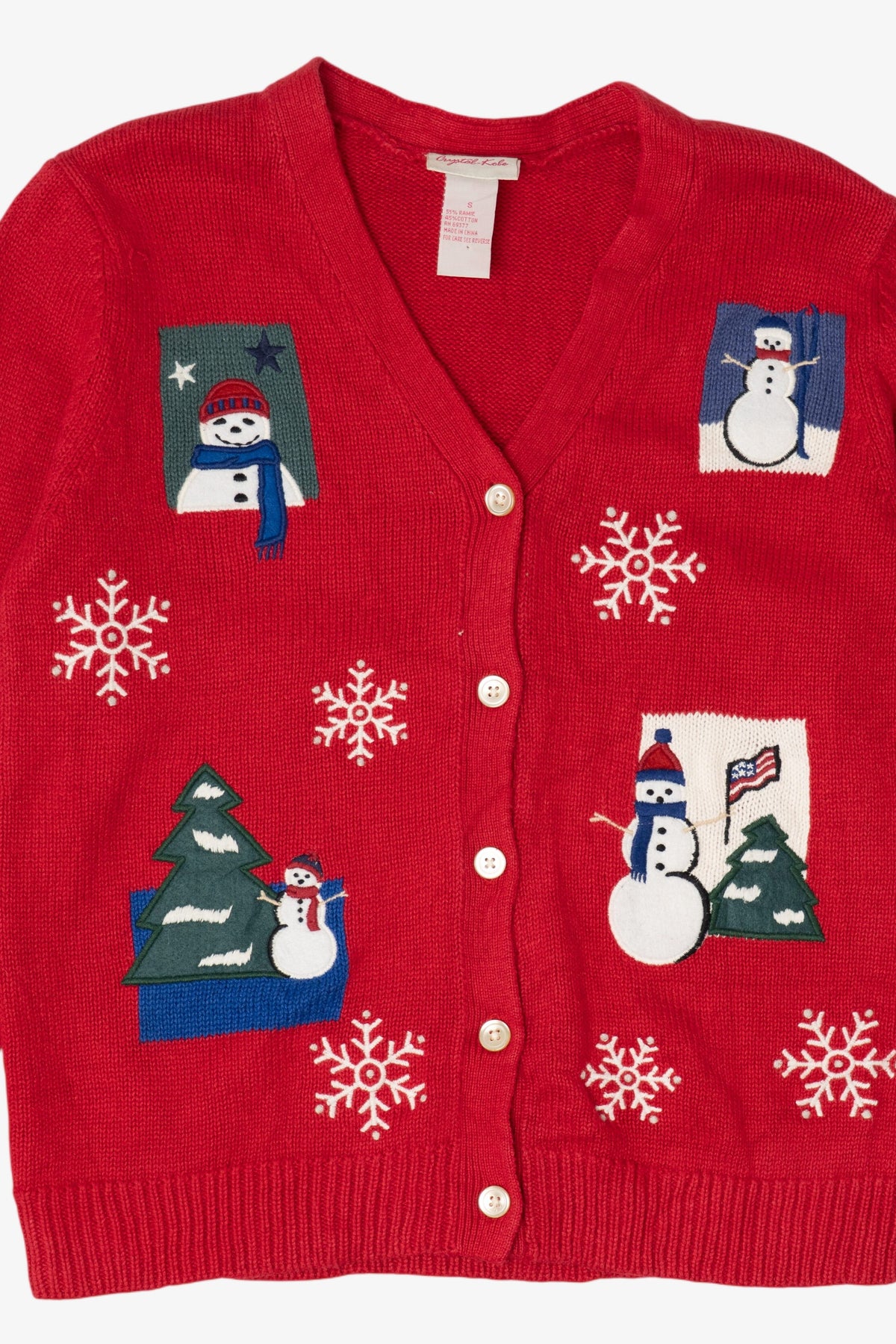 Vintage Red Crystal Kobe Snowmen Ugly Christmas Cardigan (1990s)
