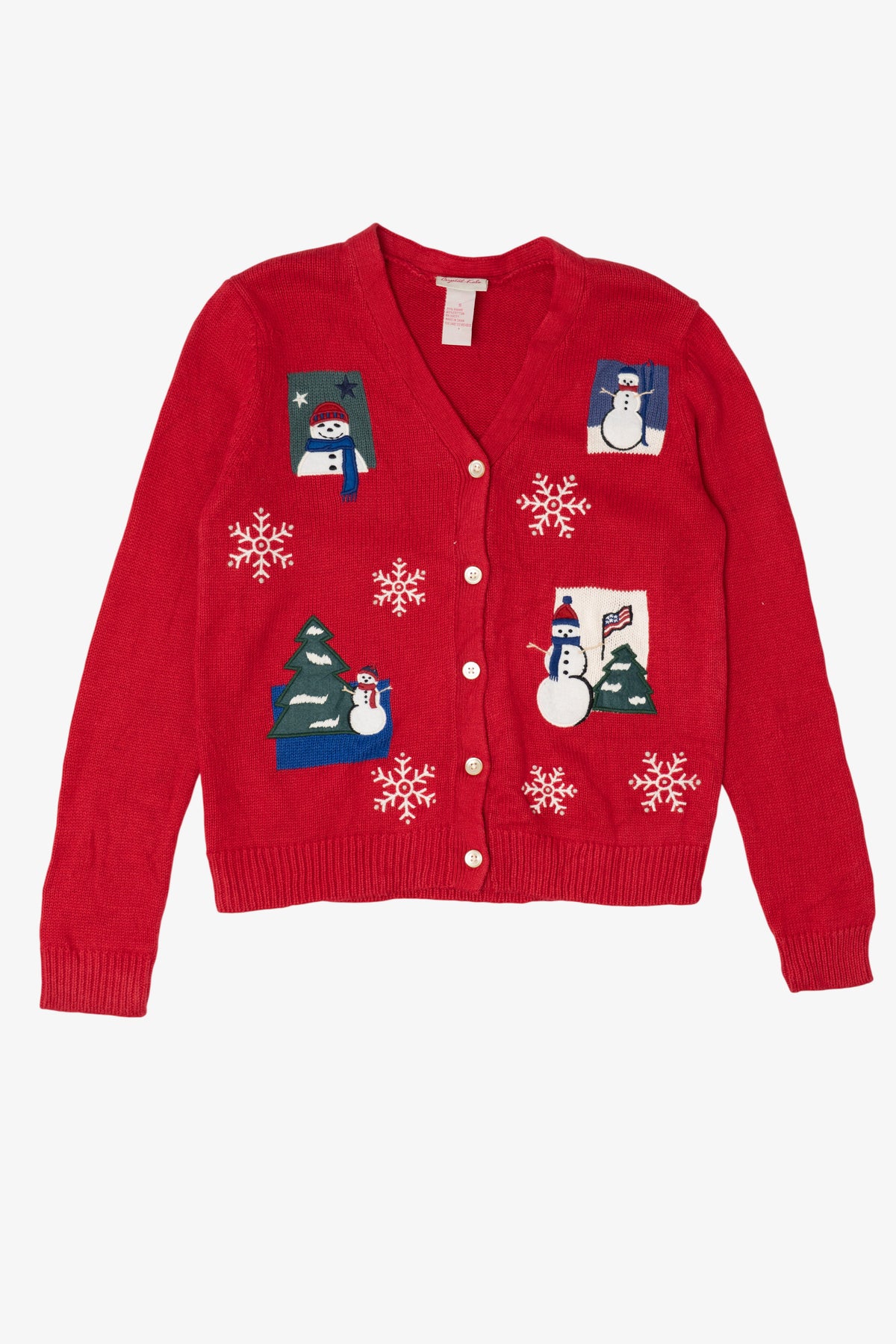 Vintage Red Crystal Kobe Snowmen Ugly Christmas Cardigan (1990s)