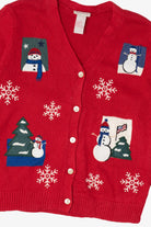 Vintage Red Crystal Kobe Snowmen Ugly Christmas Cardigan (1990s)