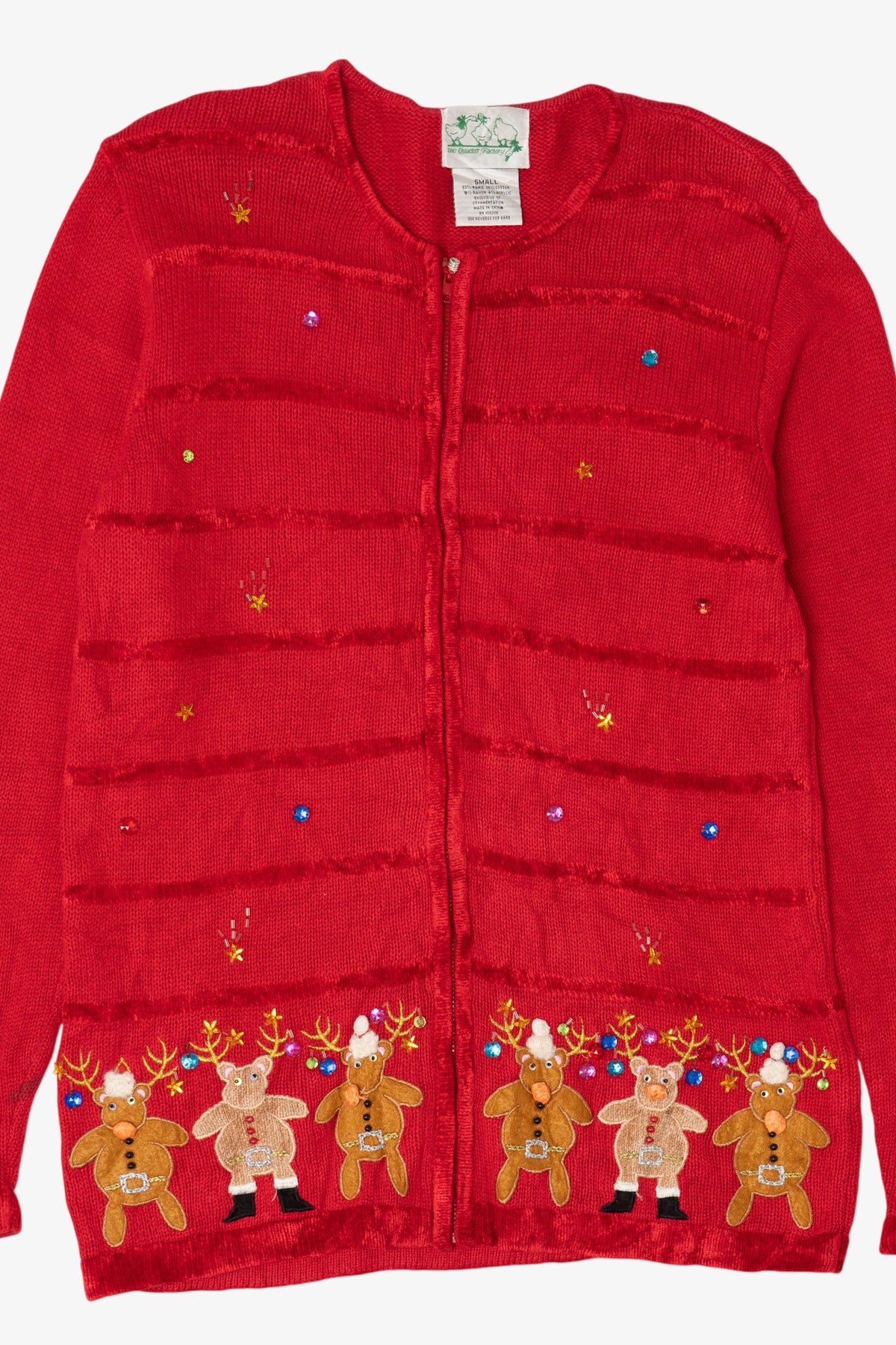 Vintage Red The Quacker Factory Reindeer Ugly Christmas Cardigan (1990s)