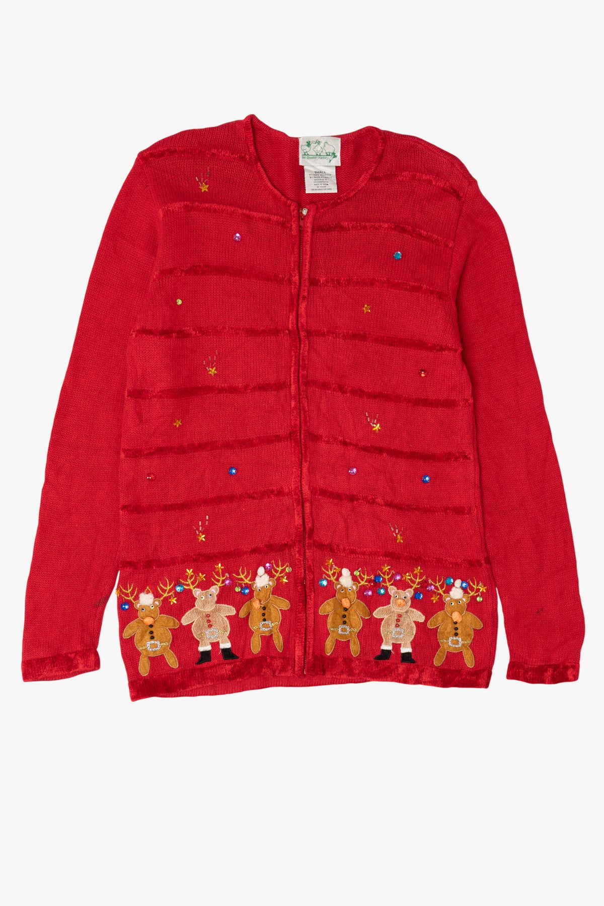 Vintage Red The Quacker Factory Reindeer Ugly Christmas Cardigan (1990s)