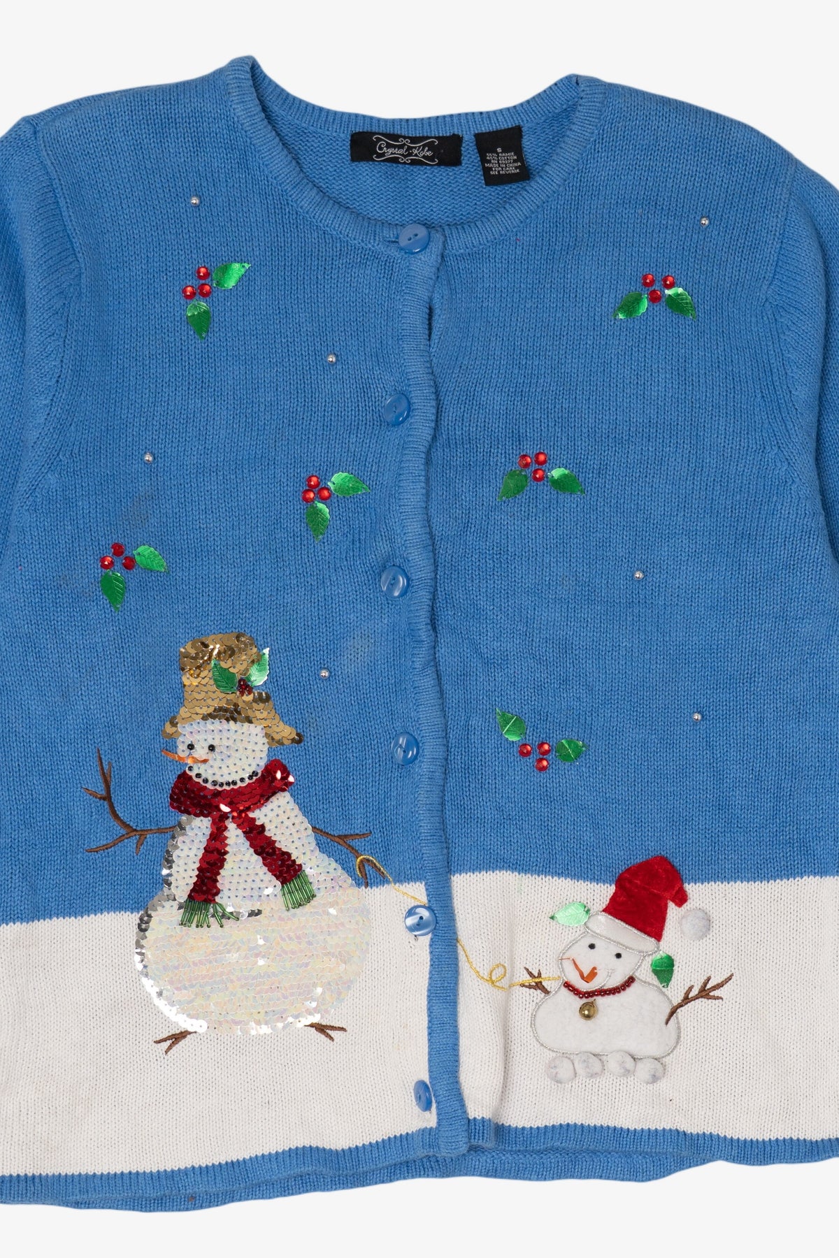 Vintage Blue Crystal Kobe Snowmen Ugly Christmas Cardigan (2000s)