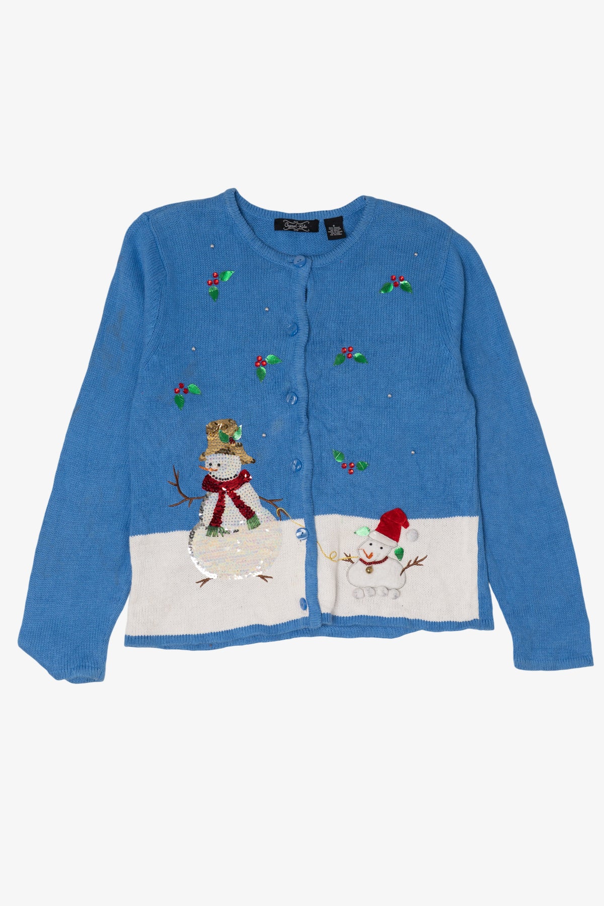 Vintage Blue Crystal Kobe Snowmen Ugly Christmas Cardigan (2000s)