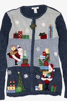 Vintage Navy Blue Dressbarn Santa Ugly Christmas Cardigan (1990s)