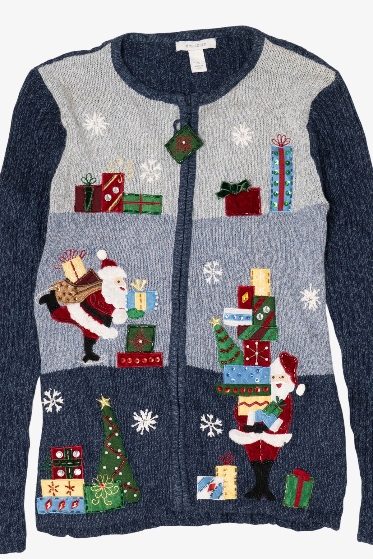 Vintage Navy Blue Dressbarn Santa Ugly Christmas Cardigan (1990s)