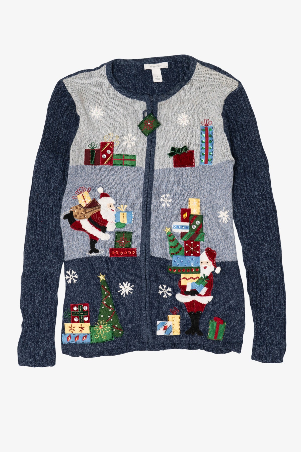 Vintage Navy Blue Dressbarn Santa Ugly Christmas Cardigan (1990s)