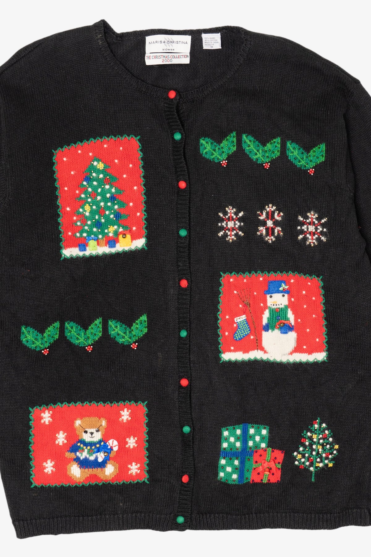Vintage Black Marisa Christina Snowmen Ugly Christmas Cardigan (2000s)