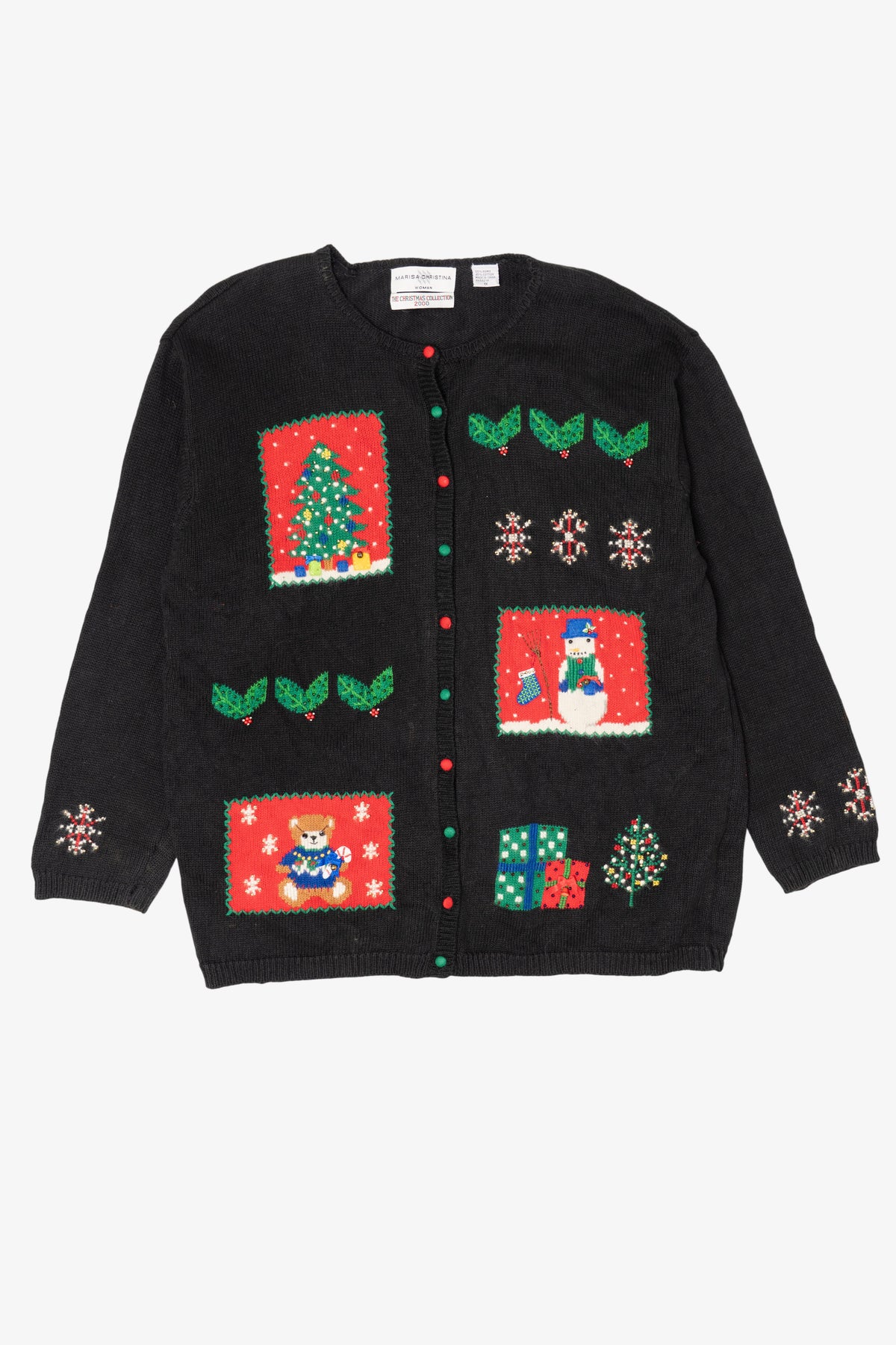 Vintage Black Marisa Christina Snowmen Ugly Christmas Cardigan (2000s)