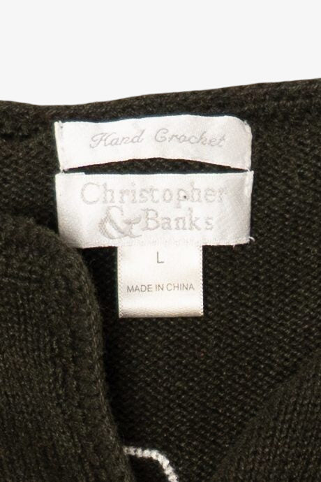 Vintage Hand Crochet Dark Green Christopher & Banks Snowmen Christmas Cardigan (1990s)