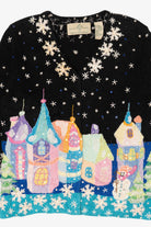 Vintage Black Winter Wonderland Town Scene Ugly Christmas Cardigan (1990s)