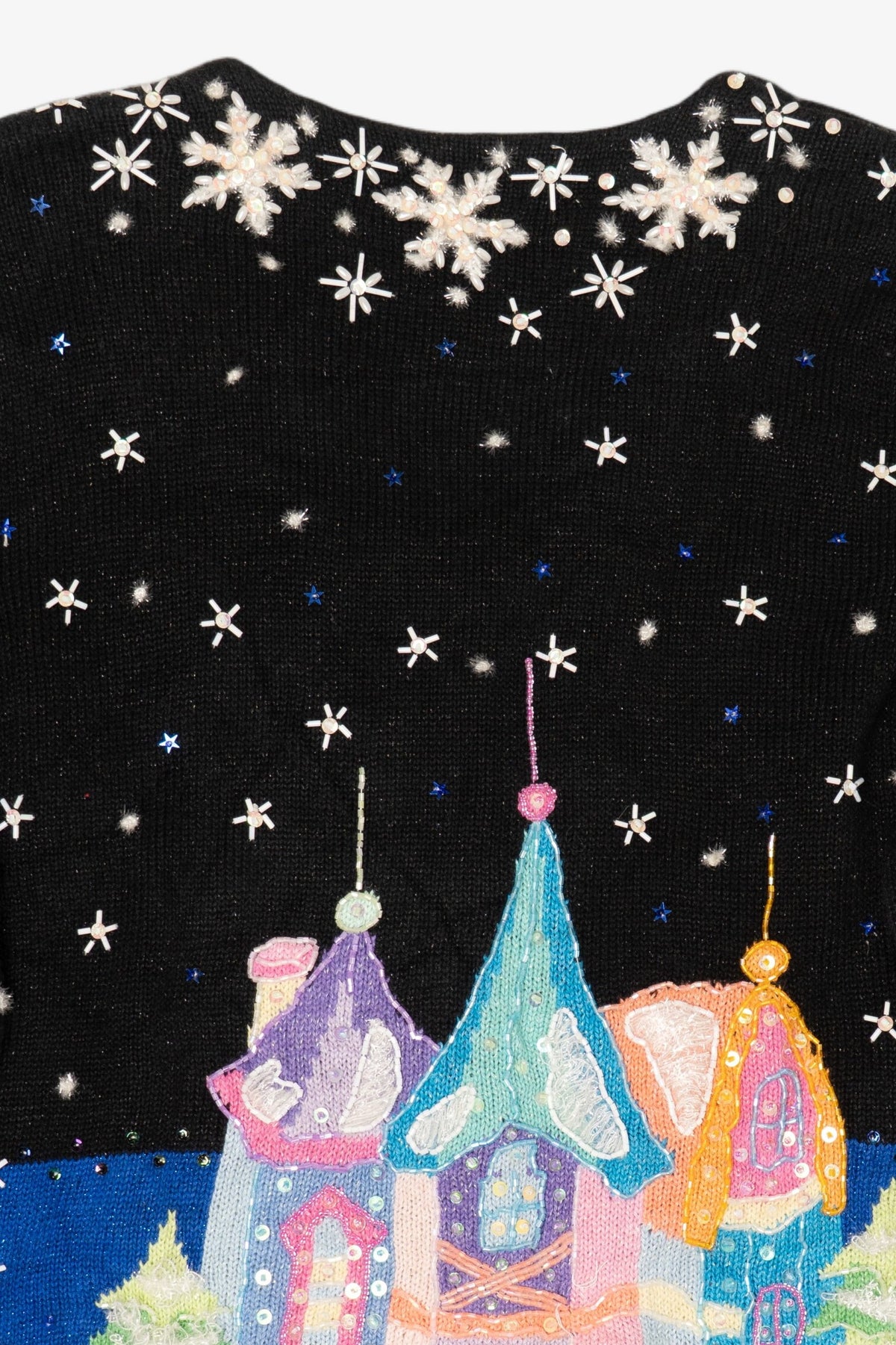Vintage Black Winter Wonderland Town Scene Ugly Christmas Cardigan (1990s)