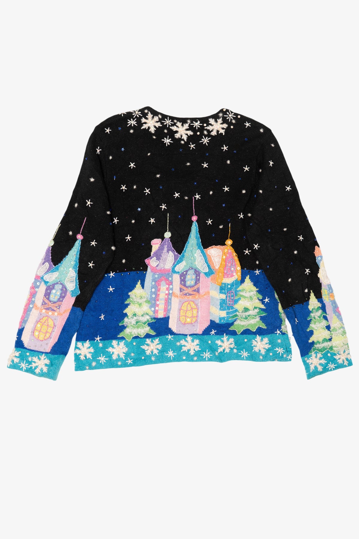 Vintage Black Winter Wonderland Town Scene Ugly Christmas Cardigan (1990s)