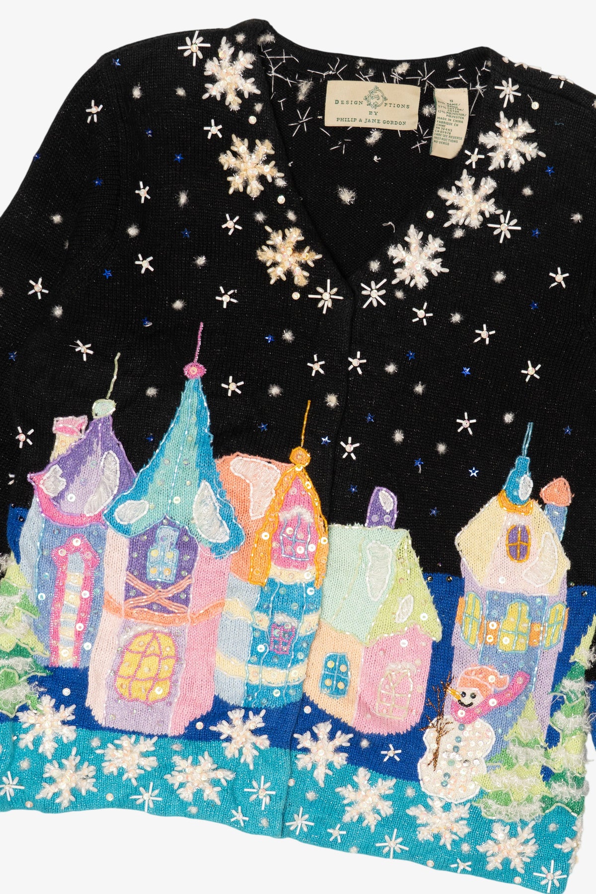 Vintage Black Winter Wonderland Town Scene Ugly Christmas Cardigan (1990s)