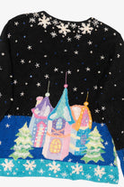 Vintage Black Winter Wonderland Town Scene Ugly Christmas Cardigan (1990s)