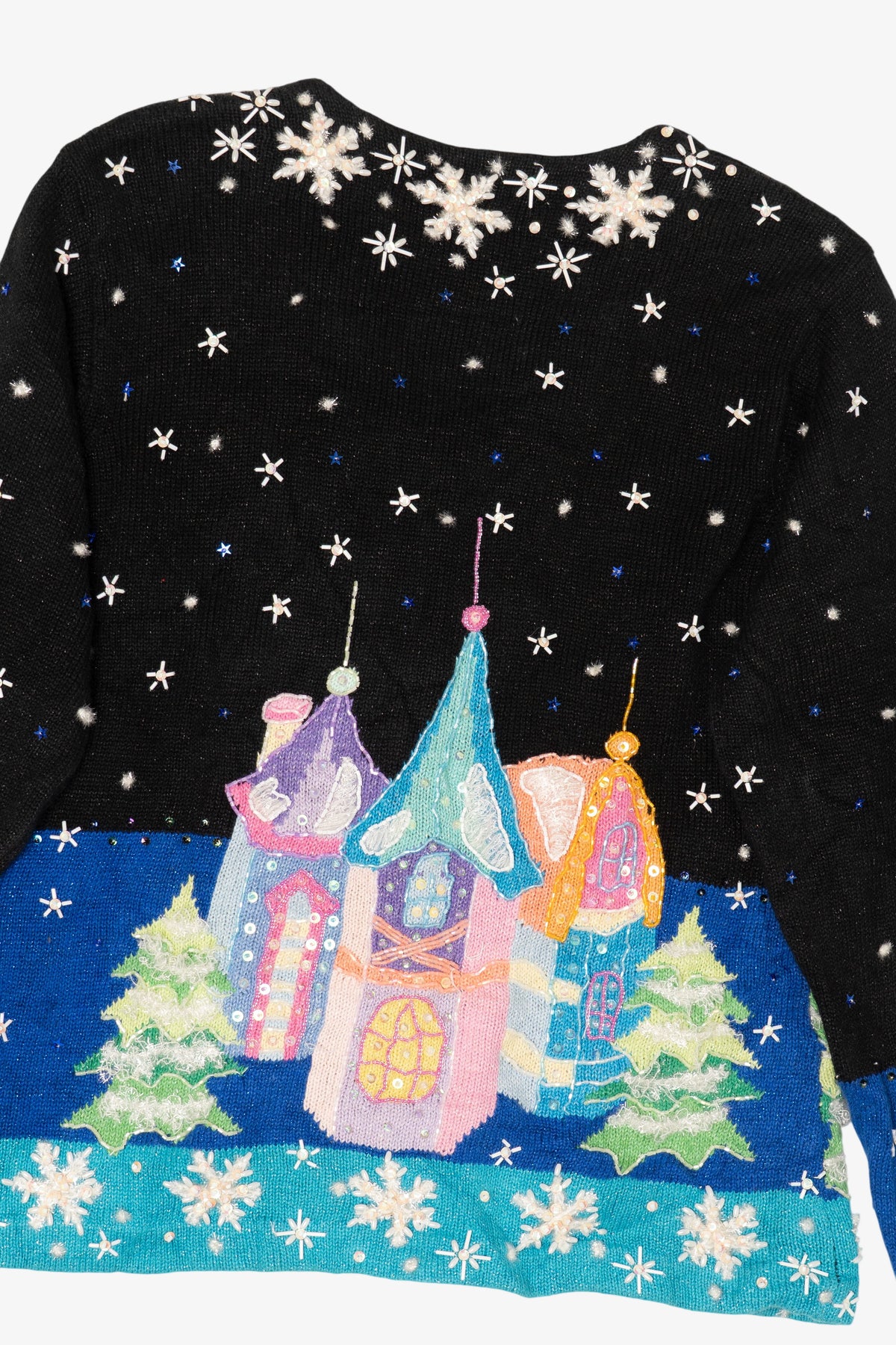 Vintage Black Winter Wonderland Town Scene Ugly Christmas Cardigan (1990s)