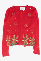 Girls Reindeer Vintage Ugly Christmas Cardigan (2000s)