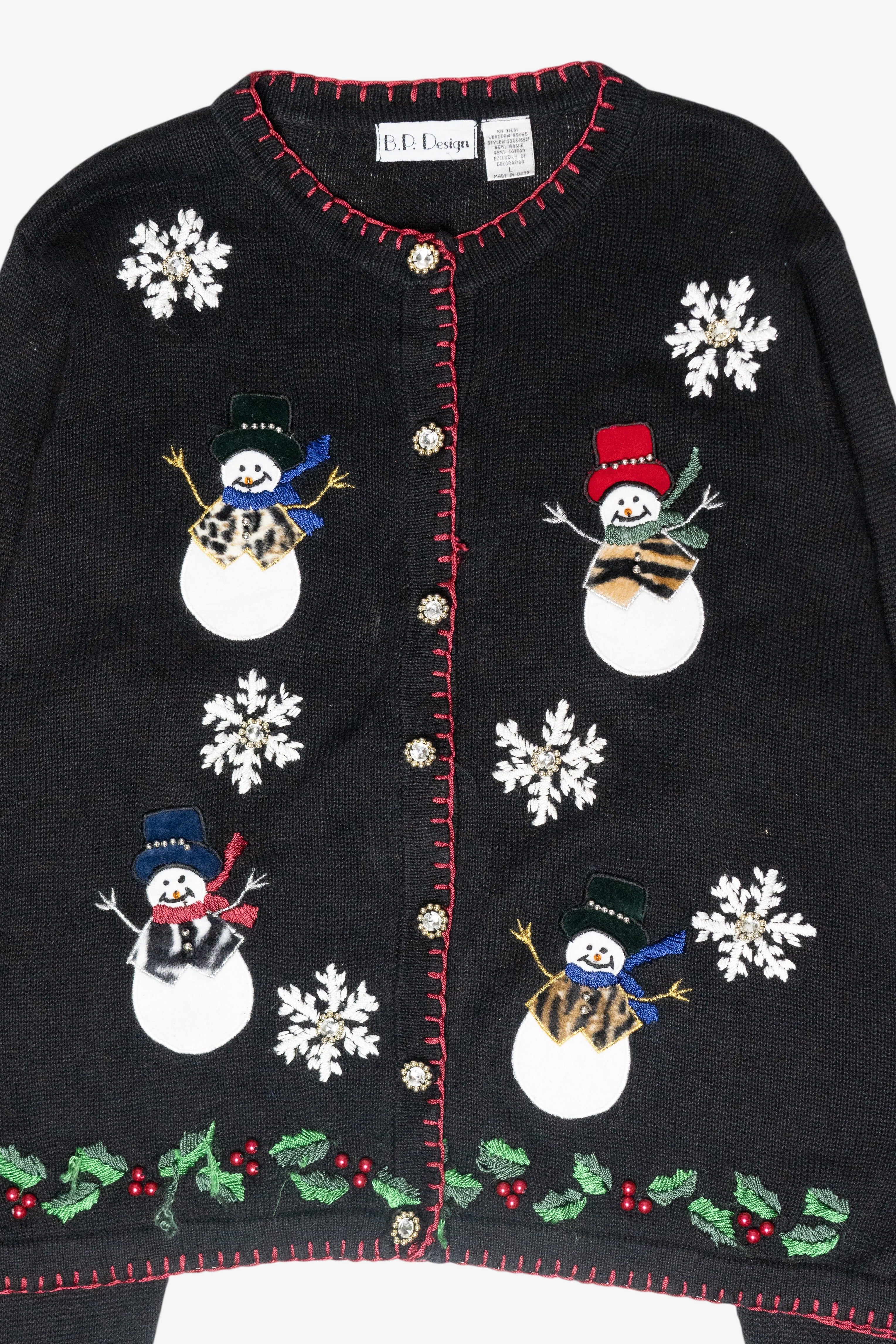 Animal Print Snowmen Vintage Ugly Christmas Cardigan (2000s)