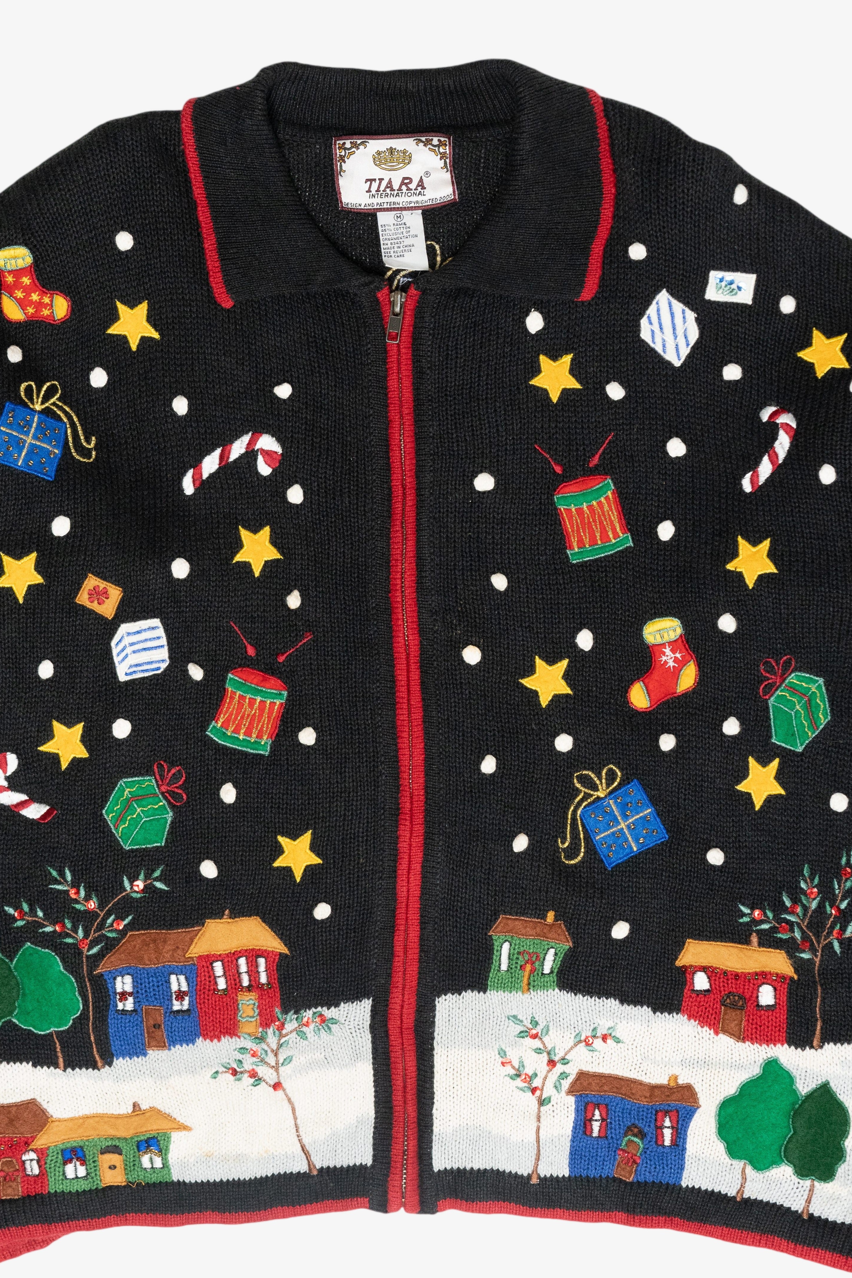 Starry Winter Village Vintage Christmas Zip Cardigan (2000s)