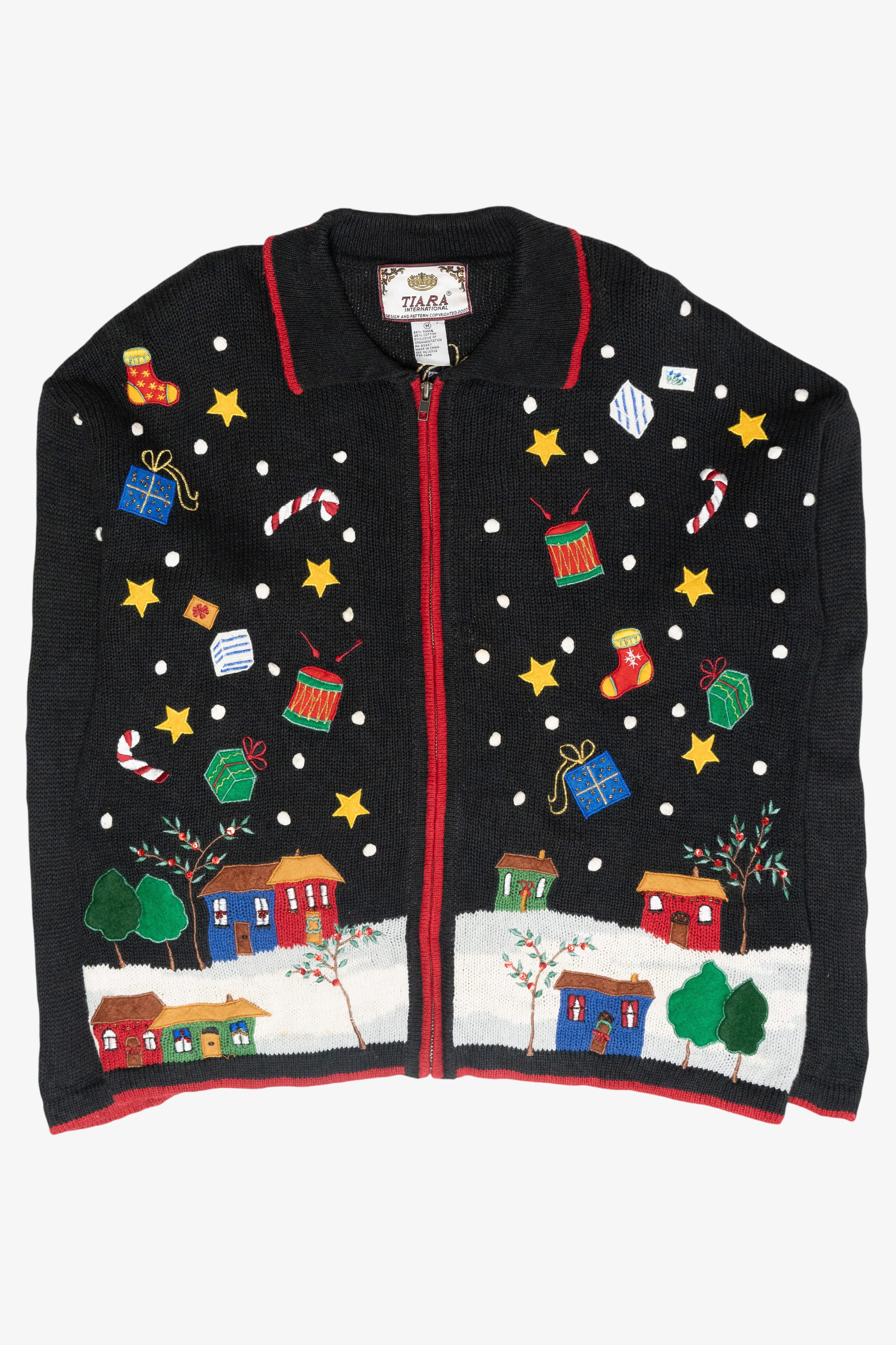 Starry Winter Village Vintage Christmas Zip Cardigan (2000s)