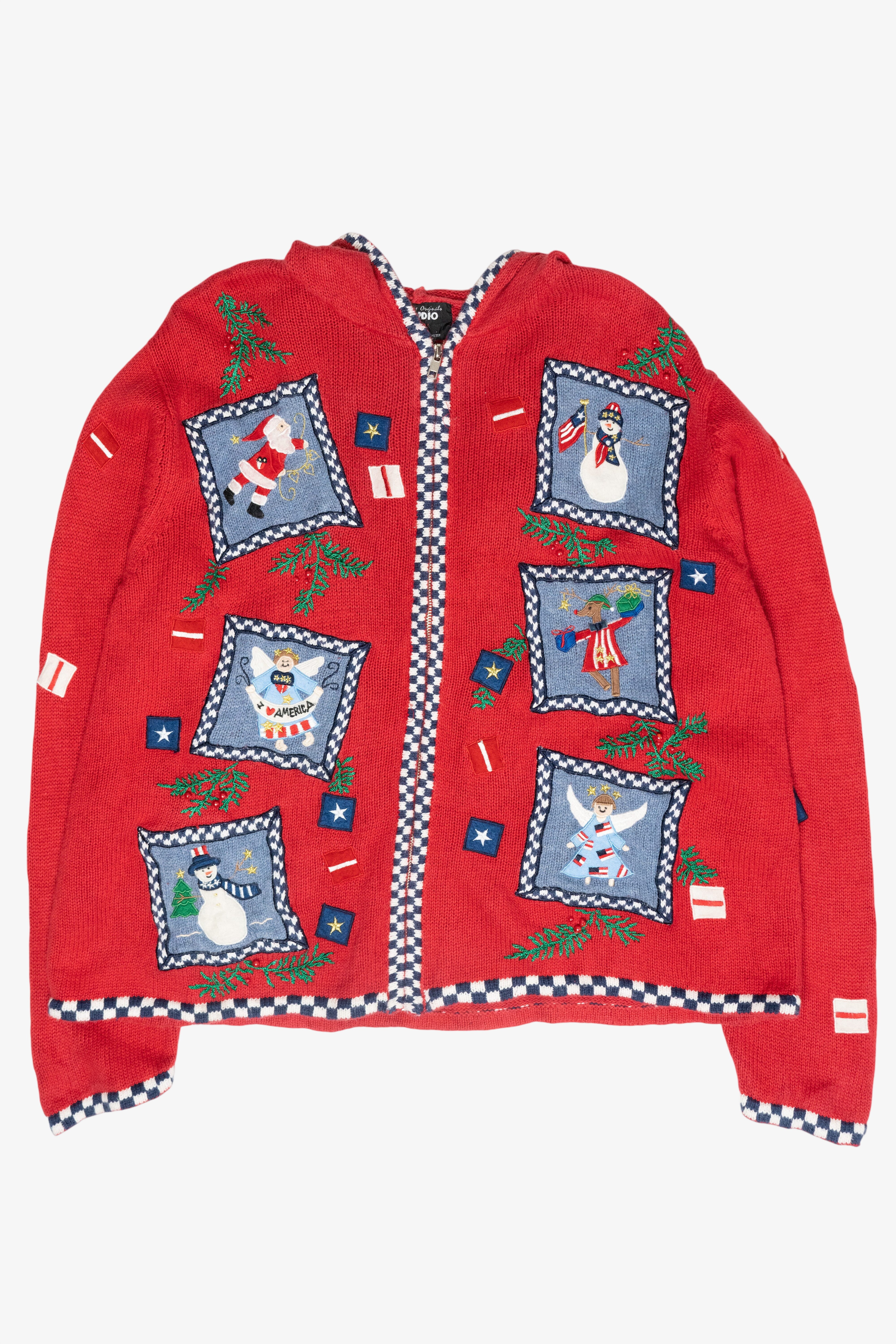 Patriotic USA Hooded Vintage Ugly Christmas Zip Cardigan (2000s)