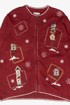 Winter Birdhouses Vintage Ugly Christmas Zip Cardigan (1990s)