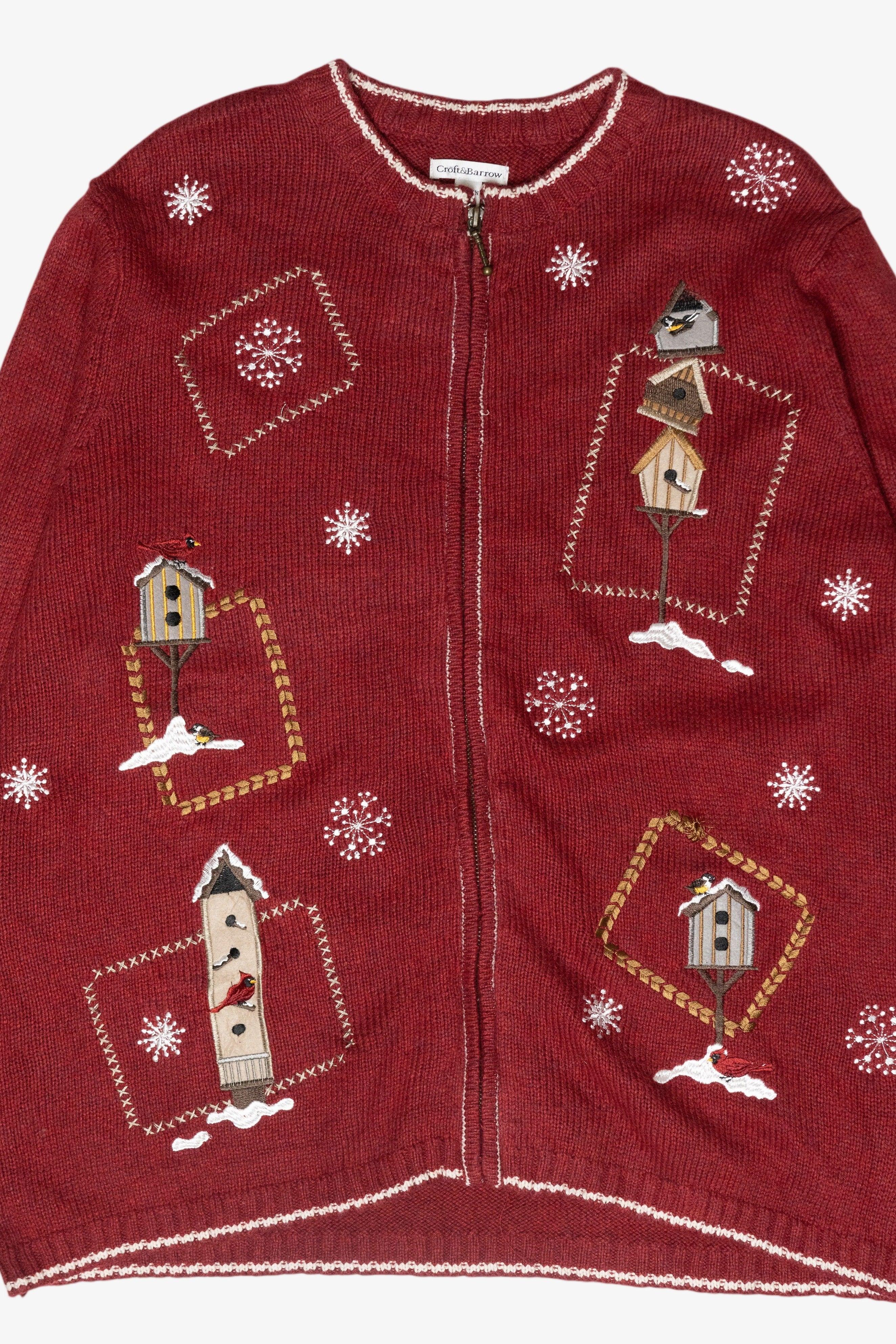 Winter Birdhouses Vintage Ugly Christmas Zip Cardigan (1990s)