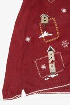 Winter Birdhouses Vintage Ugly Christmas Zip Cardigan (1990s)