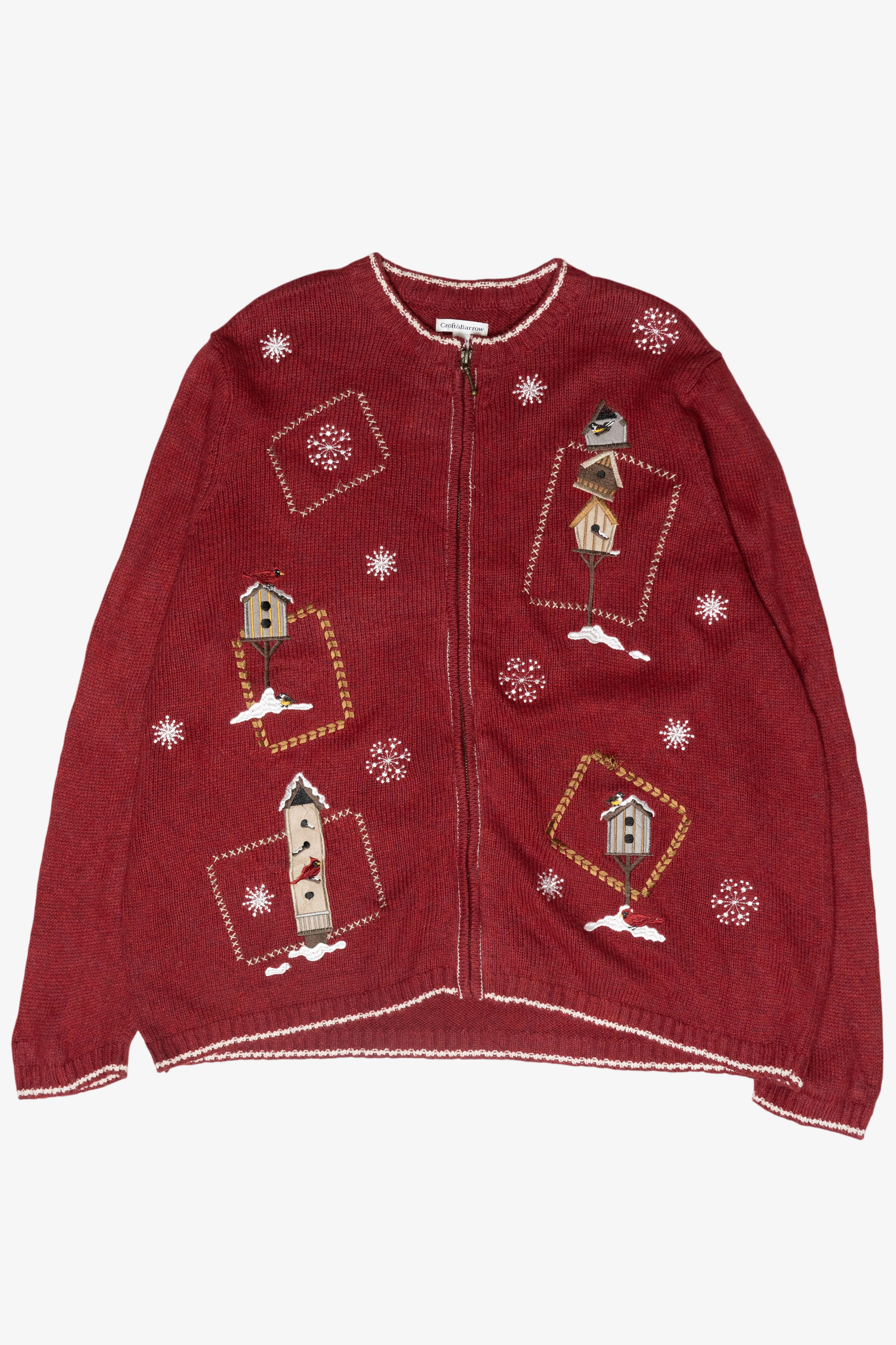 Winter Birdhouses Vintage Ugly Christmas Zip Cardigan (1990s)